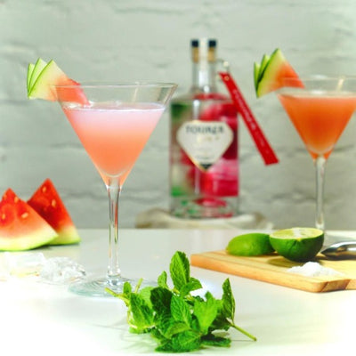 Watermelon gin cocktail created by tourer gin, martini glass with watermelon cocktail inside